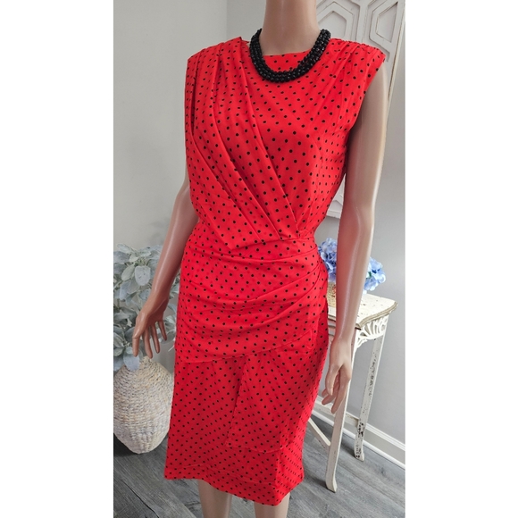 Retro Floryday Red & Black Polka Dot Waist Gathered Open back Sheath Dress - Picture 5 of 9
